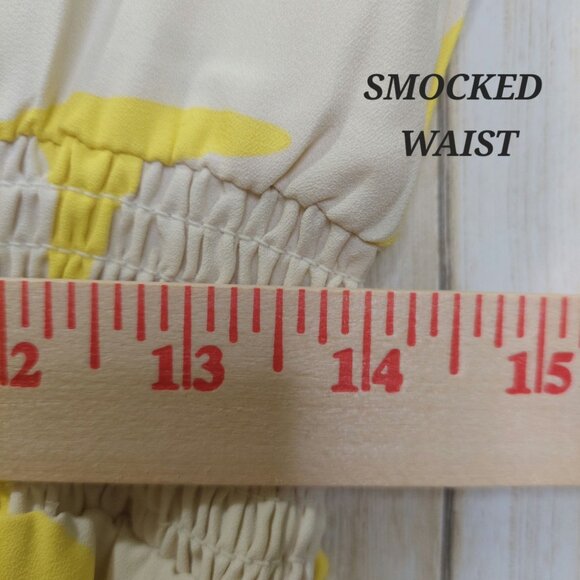 Vince Camuto Women's Yellow/White Abstract Print Smocked Ruffled Dress Size PM - Picture 10 of 12